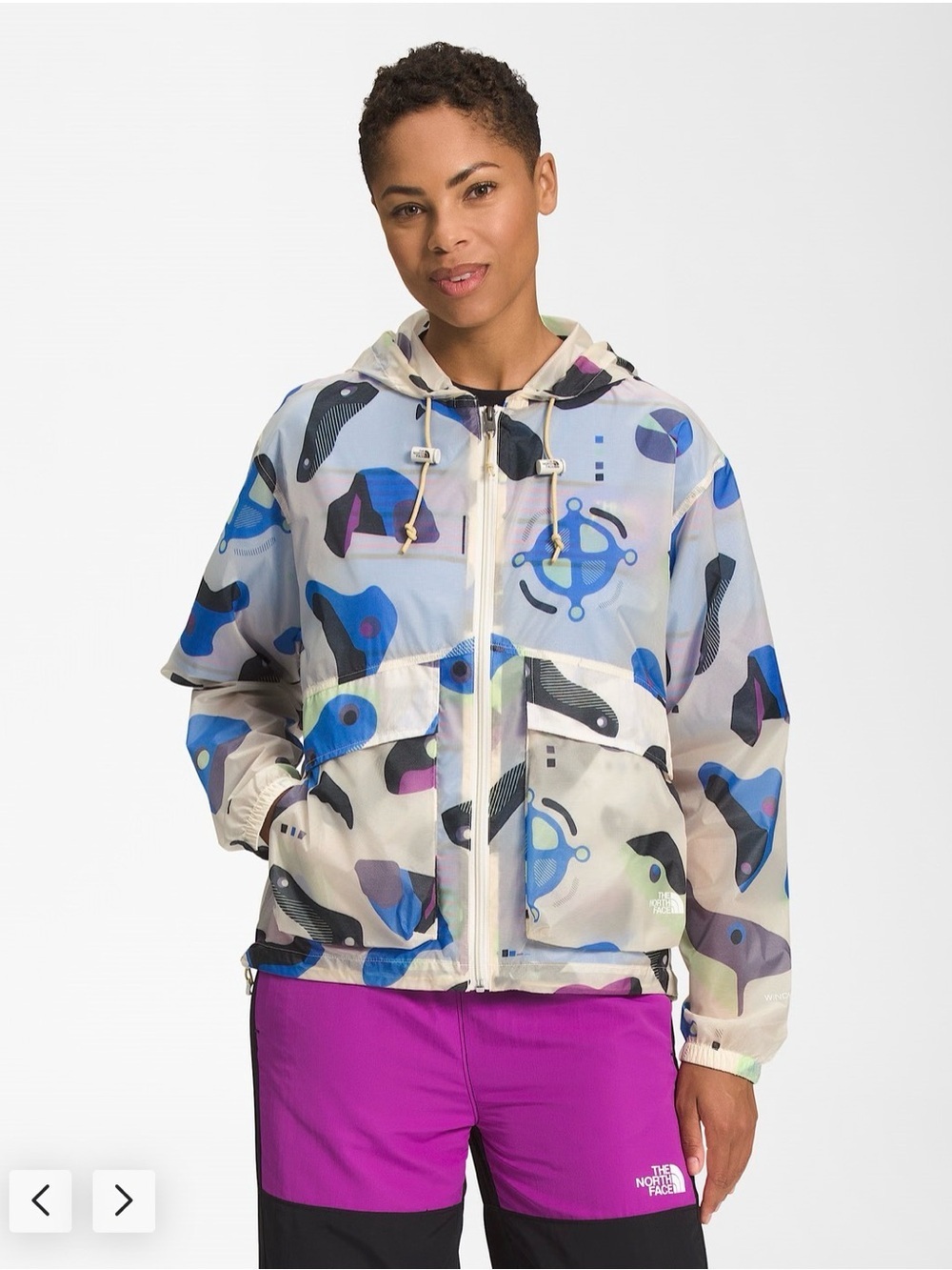 The North Face Beige Hooded Utility Jacket with Blue & Purple Print